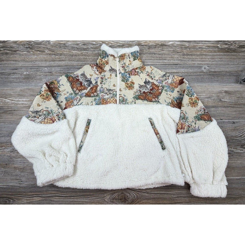 NEW Cider Tapestry Cat Sweater Women's S Size Medium 1/4 Zip Fleece Cat Lover